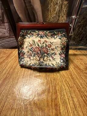 Vintage Floral Tapestry Clutch with Faux Tortoise Lucite Top Frame